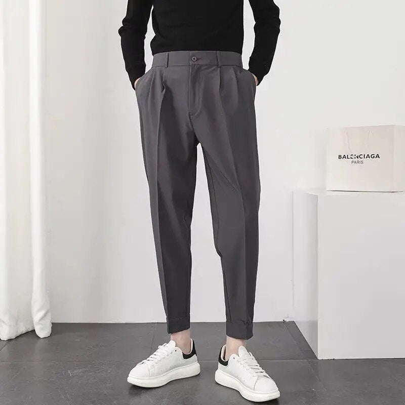 Slack Pants - Men's Loose Fit Elastic Waist Pleated Trousers-Pants-Chaps London-Dark Gray-28-Chaps London