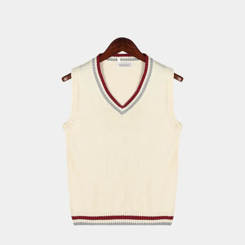 Sleeveless Jumper - Knitted - V-Neck - Sweater Vest - Men's Clothing-Chaps London-Beige-XS-Chaps London