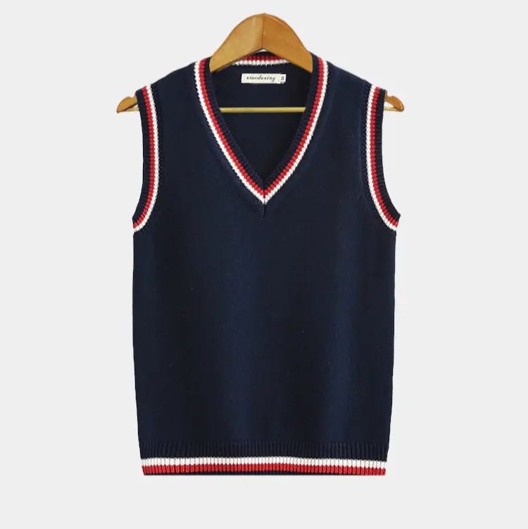Sleeveless Jumper - Knitted - V-Neck - Sweater Vest - Men's Clothing-Chaps London-Blue/Red-XS-Chaps London