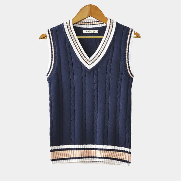 Sleeveless Jumper - Knitted - V-Neck - Sweater Vest - Men's Clothing-Chaps London-Blue/White-XS-Chaps London