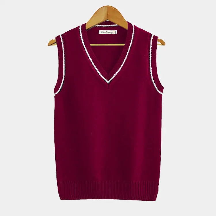 Sleeveless Jumper - Knitted - V-Neck - Sweater Vest - Men's Clothing-Chaps London-Red-XS-Chaps London