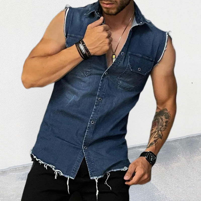 Sleeveless Shirt | Button-Up | Slim Fit | Denim Shirt | Men's Clothing-Shirts & Tops-Chaps London-Chaps London
