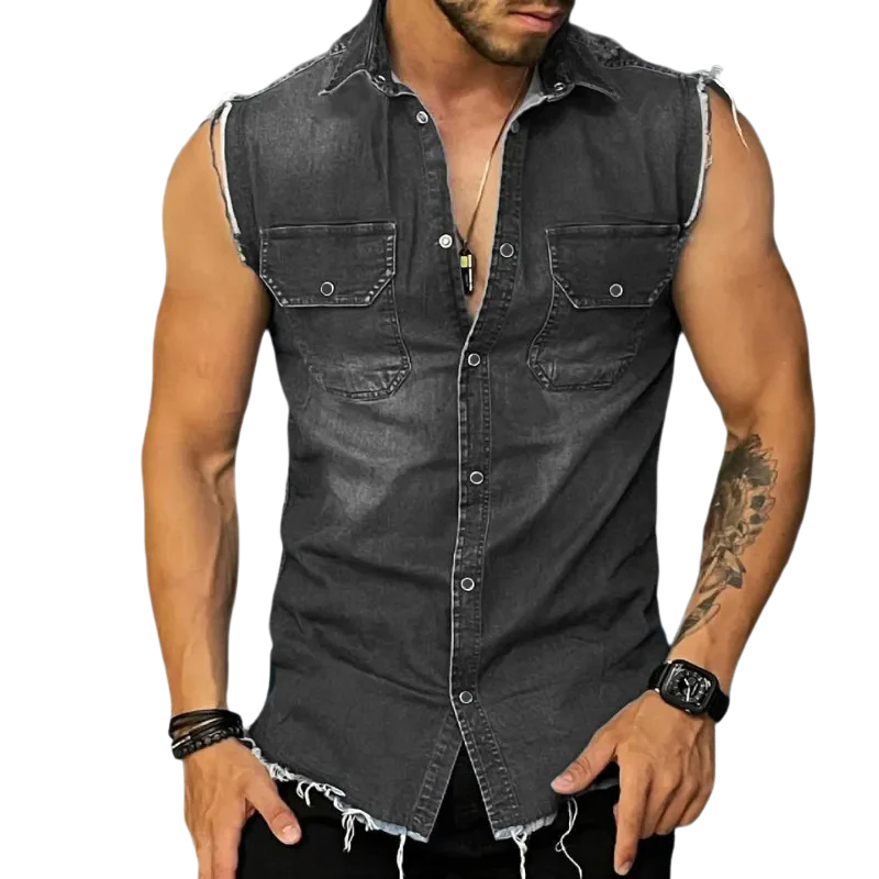 Sleeveless Shirt | Button-Up | Slim Fit | Denim Shirt | Men's Clothing-Shirts & Tops-Chaps London-Chaps London