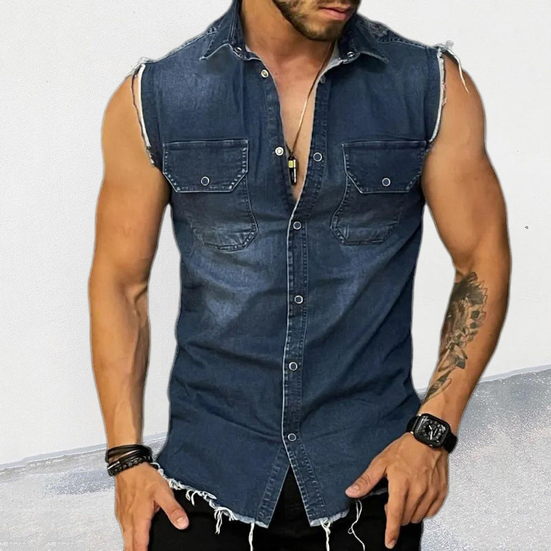 Sleeveless Shirt | Button-Up | Slim Fit | Denim Shirt | Men's Clothing-Shirts & Tops-Chaps London-Dark Blue-S-Chaps London