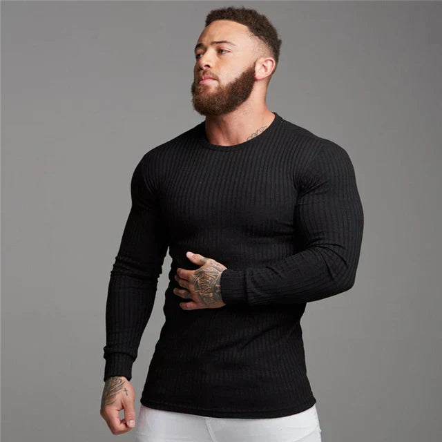 Slim Fit Sweater | Ribbed | Long Sleeve | Knitted Sweater | Men's Clothing-Sweater-Chaps London-Black-M-Chaps London