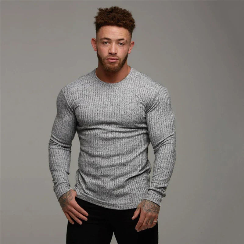 Slim Fit Sweater | Ribbed | Long Sleeve | Knitted Sweater | Men's Clothing-Sweater-Chaps London-Gray-M-Chaps London