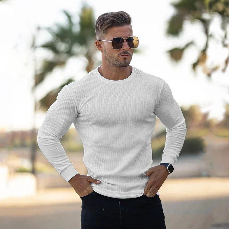 Slim Fit Sweater | Ribbed | Long Sleeve | Knitted Sweater | Men's Clothing-Sweater-Chaps London-White-M-Chaps London