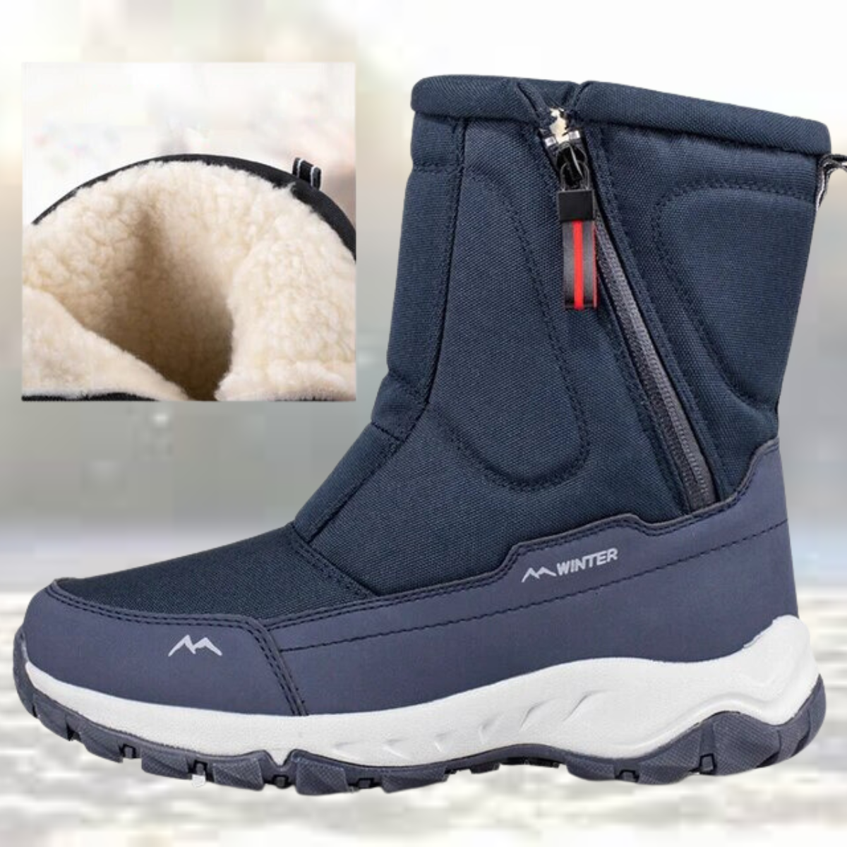 Navy blue winter boot with zipper, shown flat with plush lining inset | Chaps London