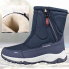 Navy blue winter boot with zipper, shown flat with plush lining inset | Chaps London