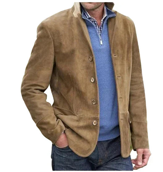 Suede Jacket | Single Breasted | Faux Suede | Vintage Jacket | Men's Jackets-Leather jacket-Chaps London-Khaki-XS-Chaps London