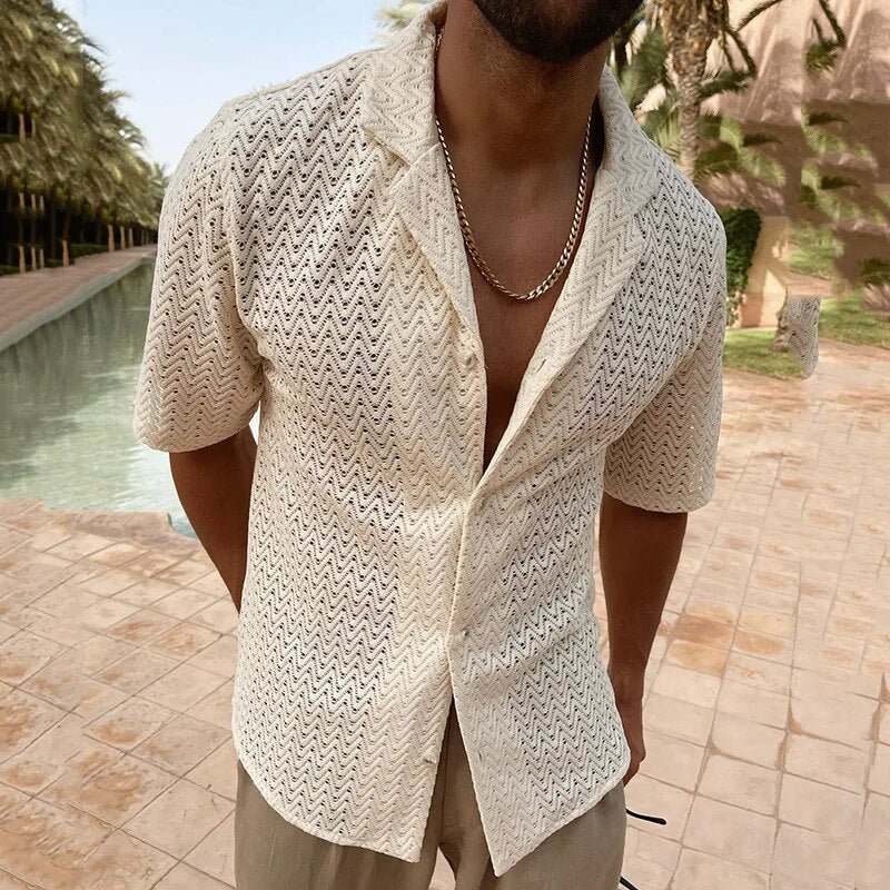 Casual Shirt | V-Neck | Button-Up | Short Sleeve Shirt | Men's Shirt-Chaps London-Beige-M-Chaps London