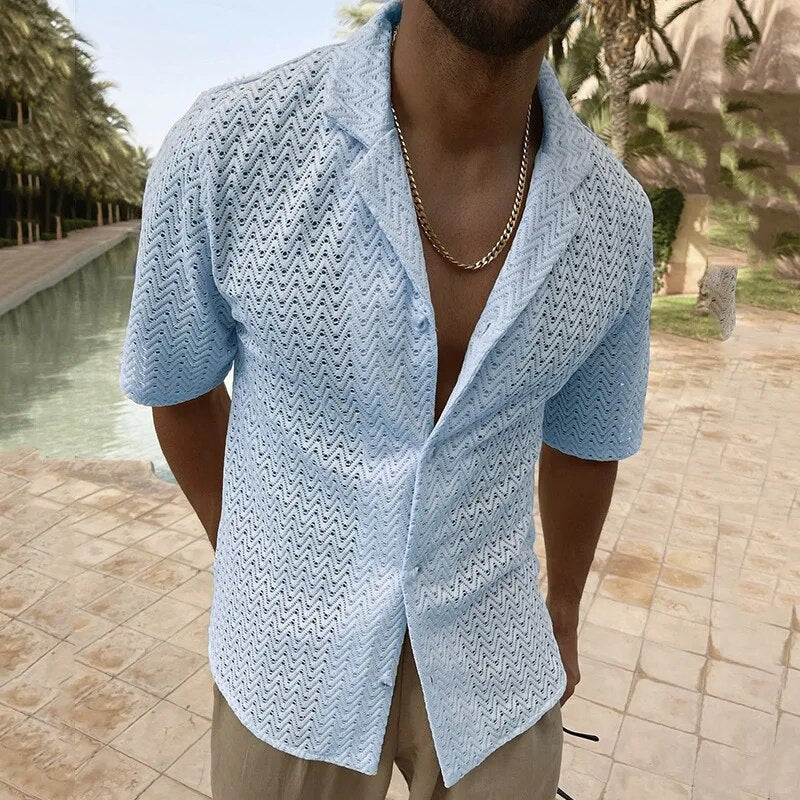 Casual Shirt | V-Neck | Button-Up | Short Sleeve Shirt | Men's Shirt-Chaps London-Light Blue-M-Chaps London