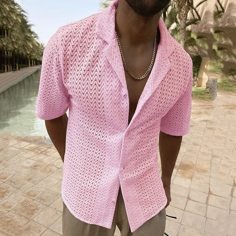 Casual Shirt | V-Neck | Button-Up | Short Sleeve Shirt | Men's Shirt-Chaps London-Pink-M-Chaps London