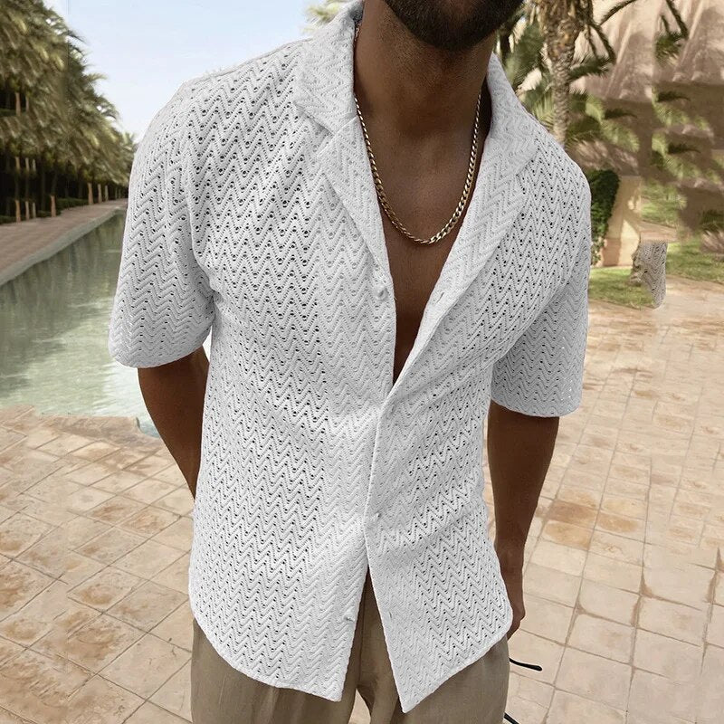 Casual Shirt | V-Neck | Button-Up | Short Sleeve Shirt | Men's Shirt-Chaps London-White-M-Chaps London