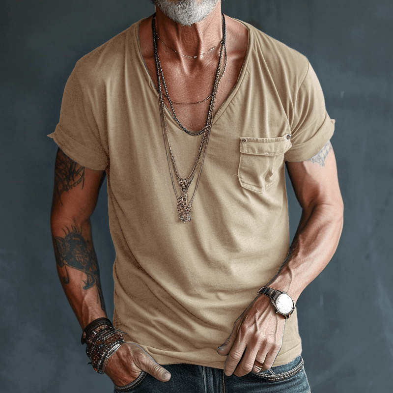 T-Shirt - Lightweight - Regular Fit - V-Neck T-Shirt - Men's Shirts-Men's Shirt-Chaps London-Khaki-S-Chaps London