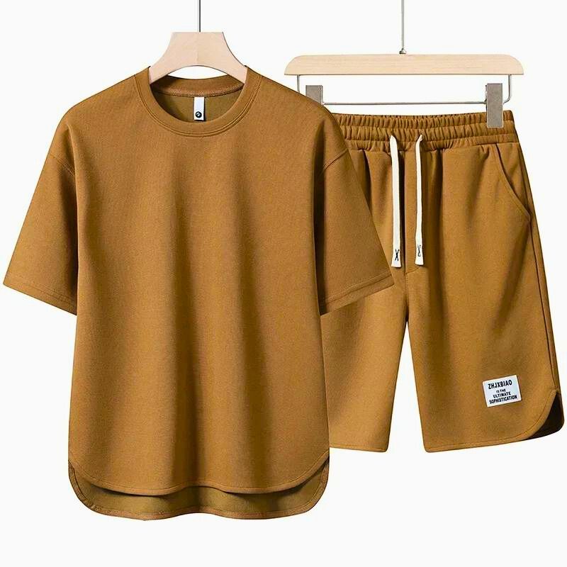 T-Shirt and Shorts Set - Casual - Sweat Shorts - Two-piece Set - Men's Clothing-Outfit Set for Men-Chaps London-Brown-S-Chaps London