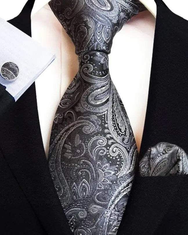 Tie Set - Men's Paisley Silk Cotton Pocket Square-Tie-Chaps London-Black-Chaps London