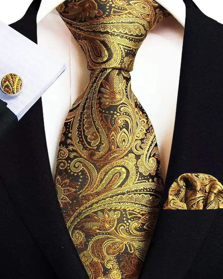 Tie Set - Men's Paisley Silk Cotton Pocket Square-Tie-Chaps London-Gold-Chaps London
