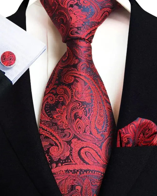 Tie Set - Men's Paisley Silk Cotton Pocket Square-Tie-Chaps London-Red-Chaps London