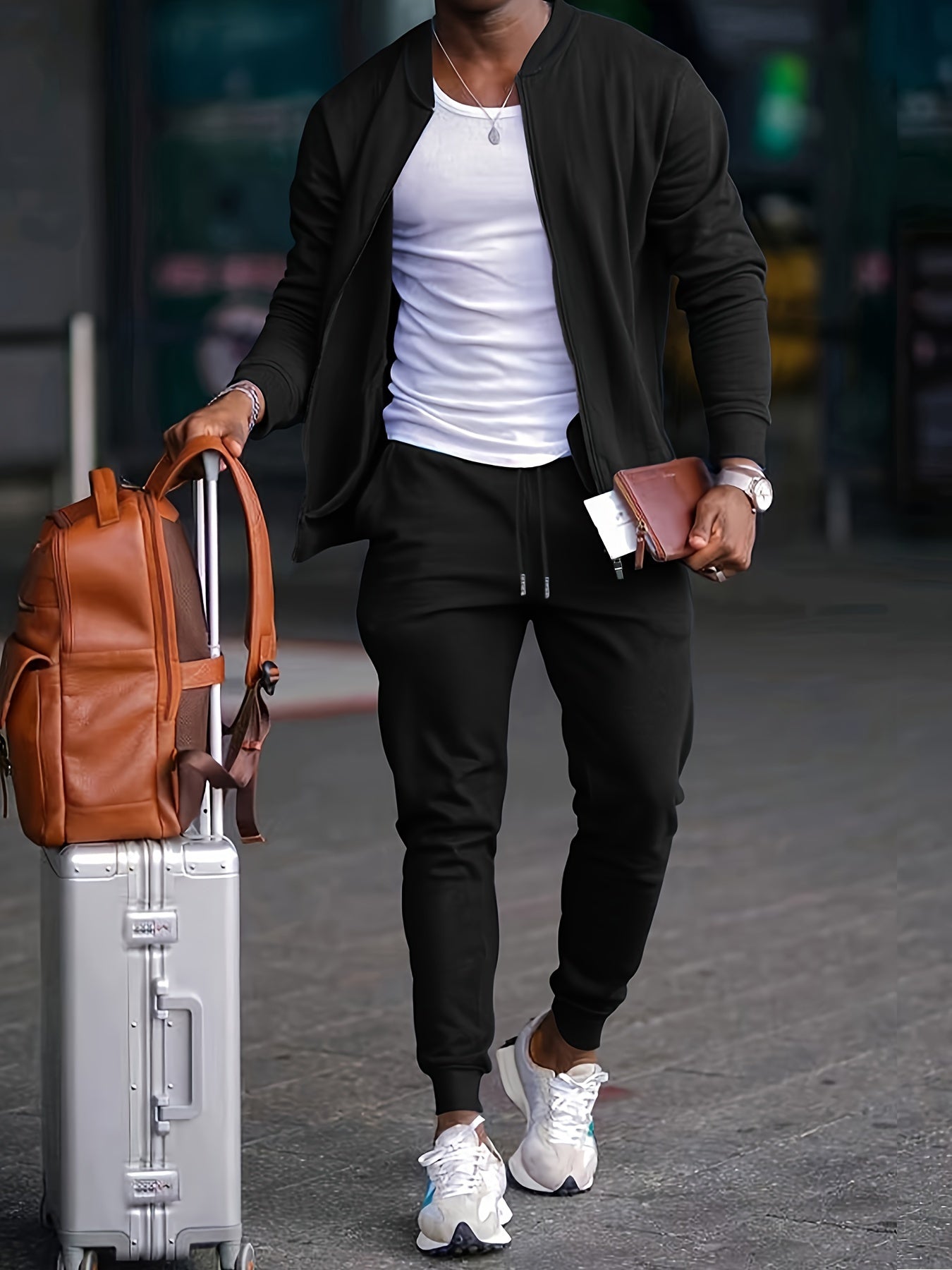 Tracksuit - Men's Drawstring Zip-Up Two-Piece Jogger Set-Chaps London-Black-S-Chaps London