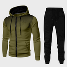 Green fade-print zip-up hoodie with black jogger pants, flat lay | Chaps London