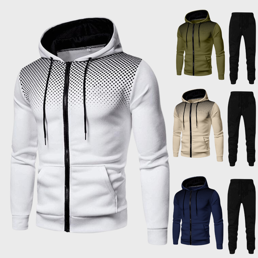 Men's hooded zip-up tracksuit, faded dot pattern, four color options shown flat | Chaps London