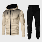 Beige hooded zip jacket with black jogger pants, flat lay display | Chaps London