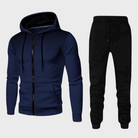 Navy blue zip-up hoodie with black jogger pants, flat lay display | Chaps London