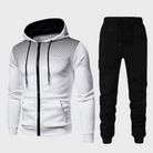 White zip-up hoodie with dot fade print, black jogger pants, laid flat | Chaps London