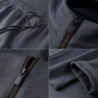 Dark grey textured fabric close-ups showing zipper, drawstring, and cuff details | Chaps London