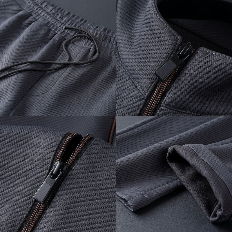 Dark grey textured fabric close-ups showing zipper, drawstring, and cuff details | Chaps London