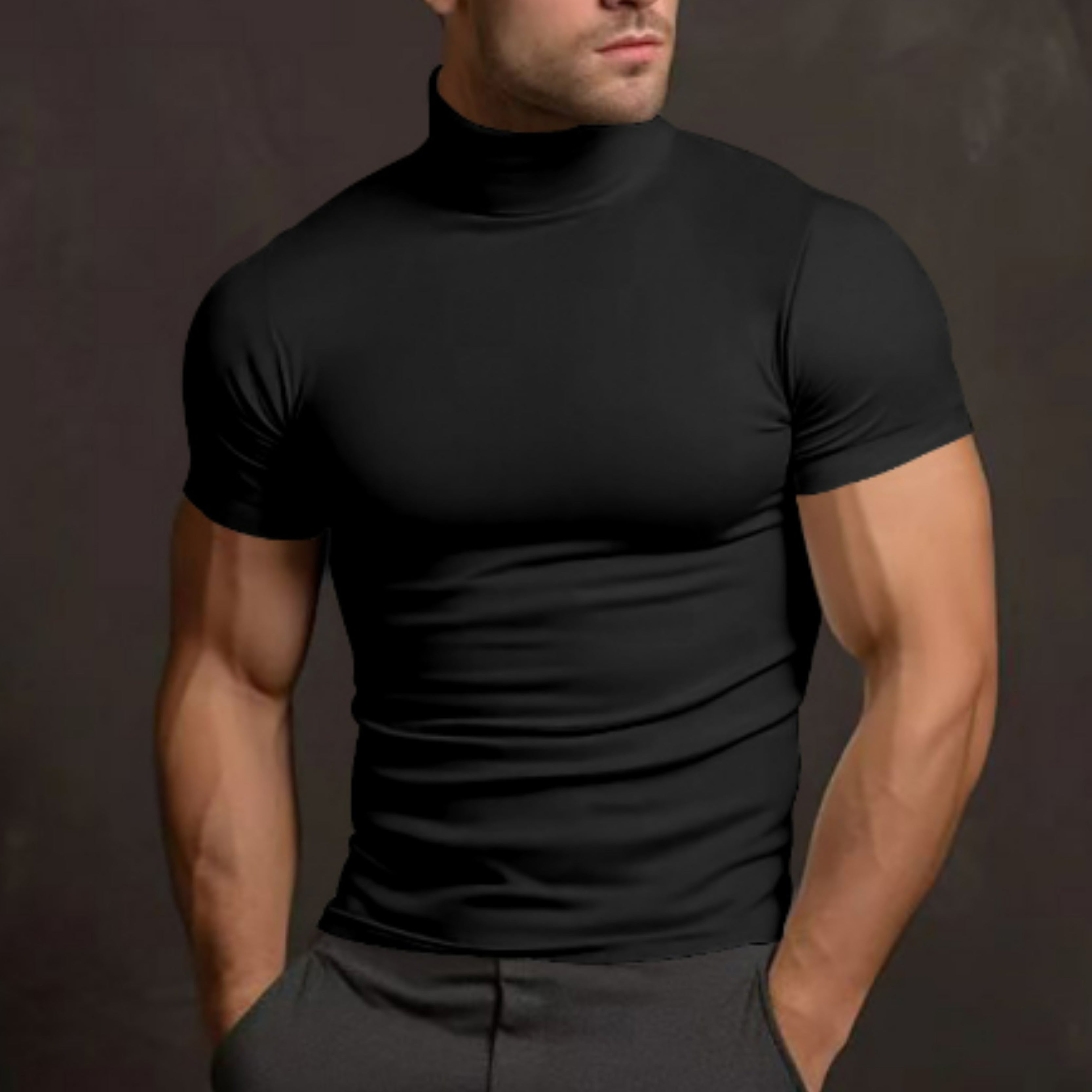 Turtleneck T-Shirt - Men's High Neck Slim Fit Short Sleeve Sweater-Turtleneck T-shirt-Chaps London-Black-S-Chaps London