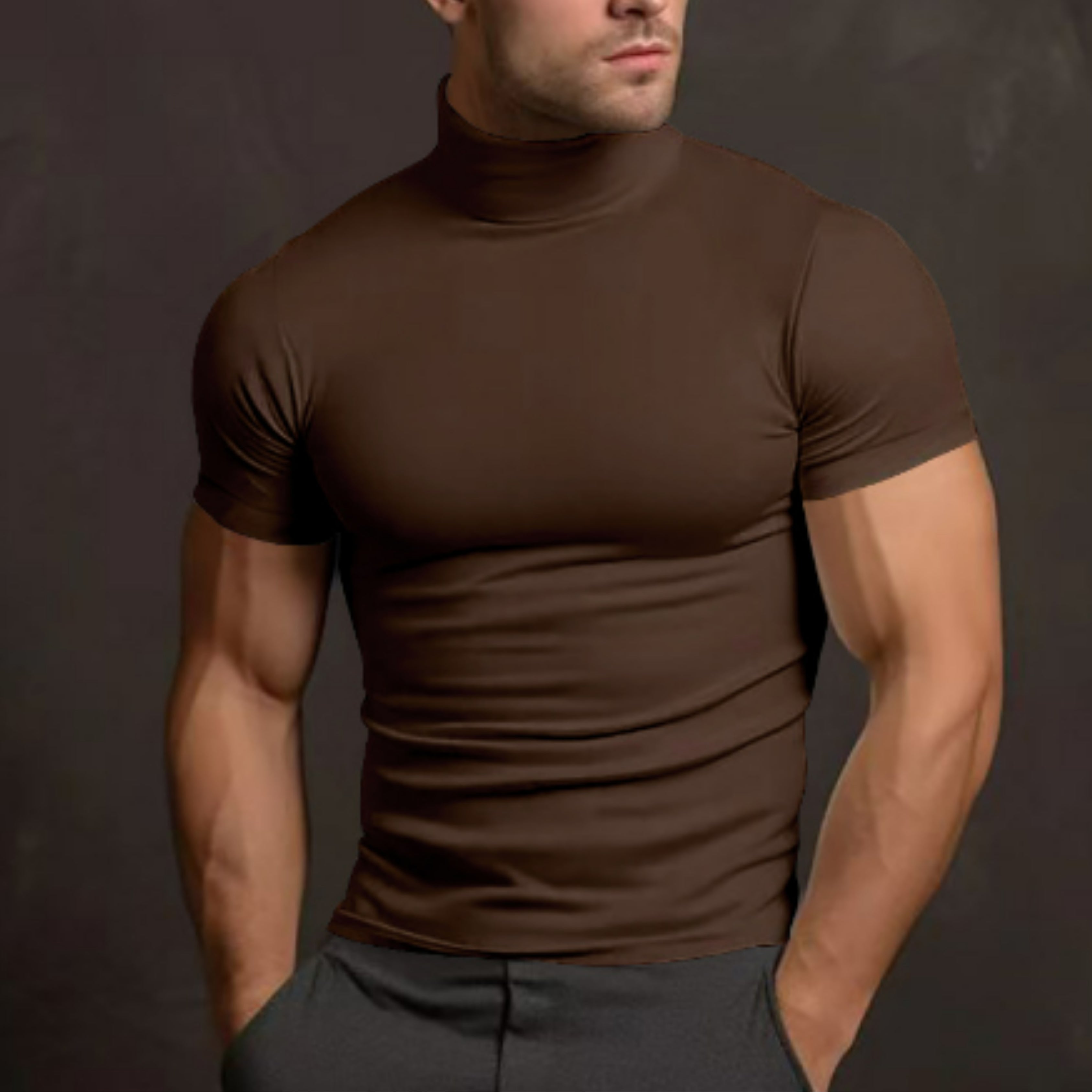 Turtleneck T-Shirt - Men's High Neck Slim Fit Short Sleeve Sweater-Turtleneck T-shirt-Chaps London-Brown-S-Chaps London
