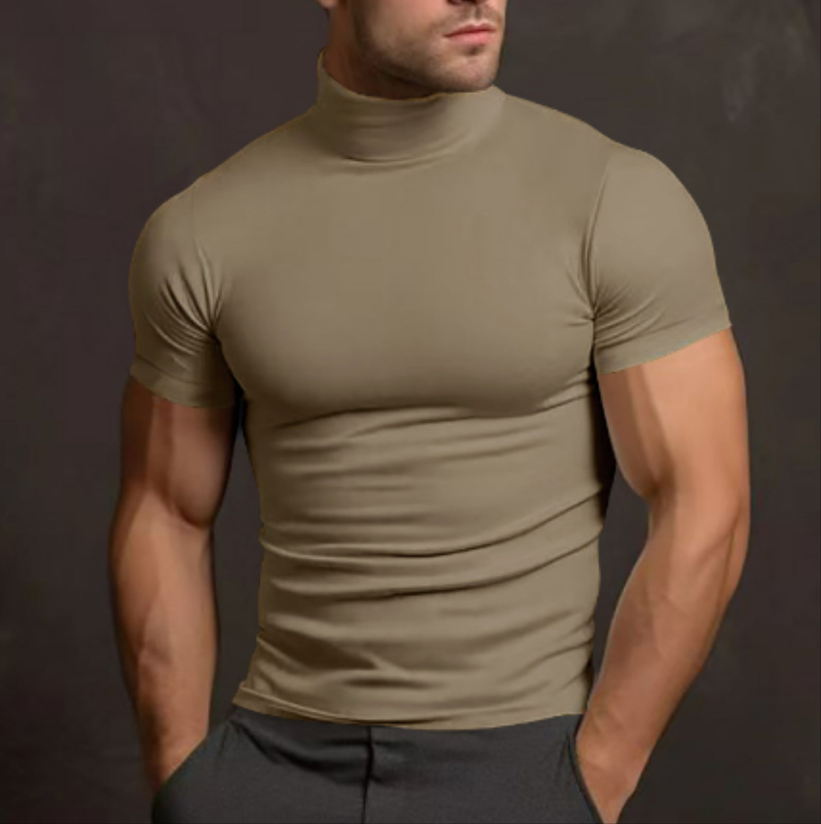 Turtleneck T-Shirt - Men's High Neck Slim Fit Short Sleeve Sweater-Turtleneck T-shirt-Chaps London-Coffee-S-Chaps London