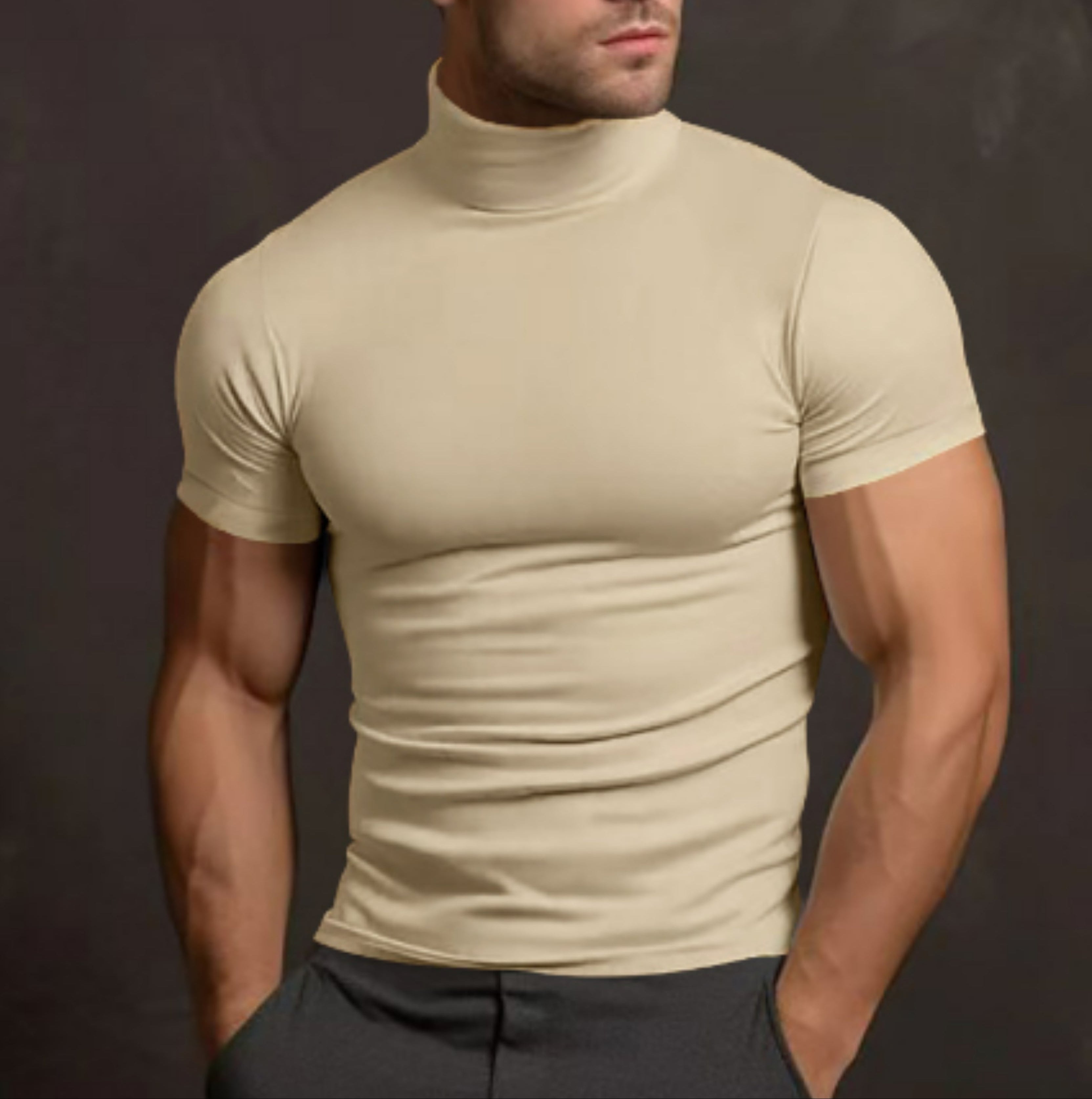 Turtleneck T-Shirt - Men's High Neck Slim Fit Short Sleeve Sweater-Turtleneck T-shirt-Chaps London-Cream-S-Chaps London
