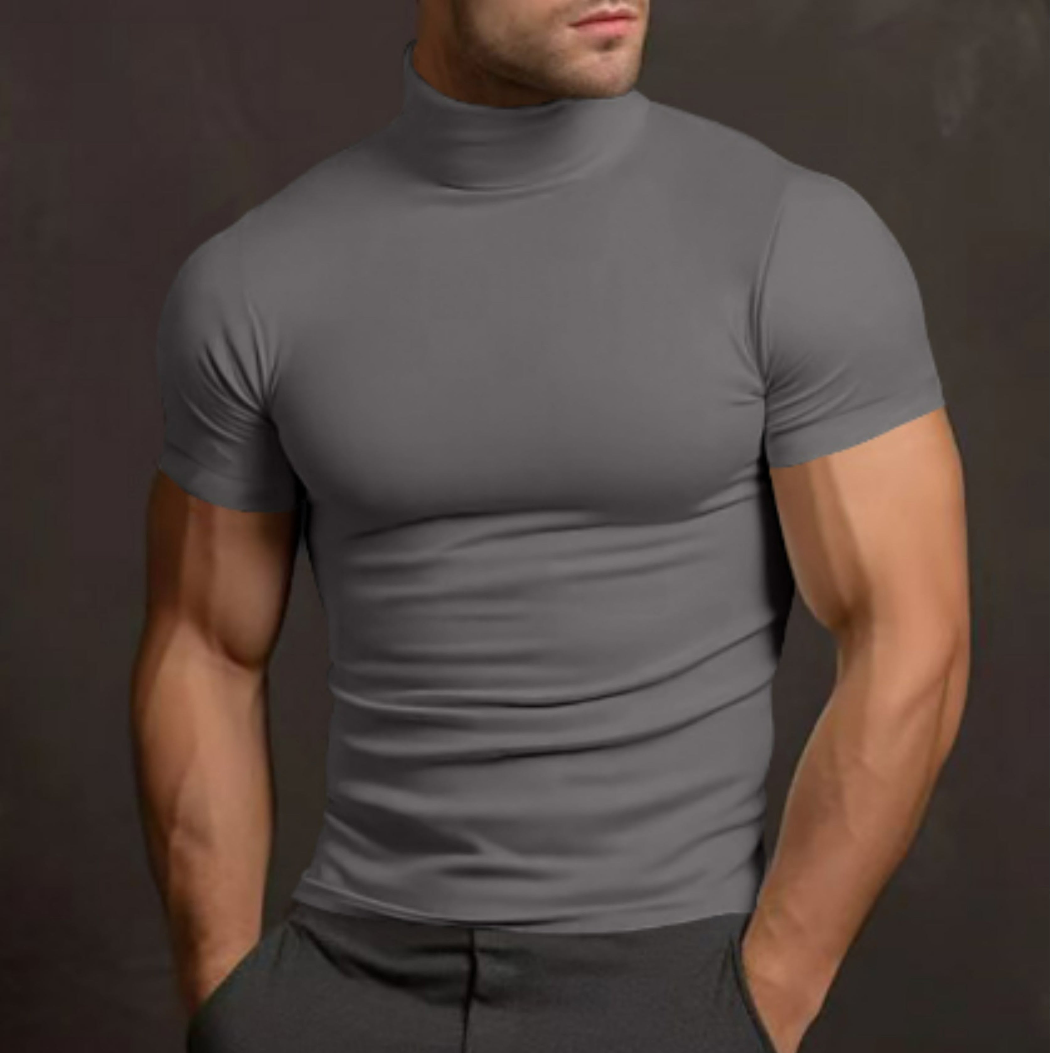 Turtleneck T-Shirt - Men's High Neck Slim Fit Short Sleeve Sweater-Turtleneck T-shirt-Chaps London-Gray-S-Chaps London
