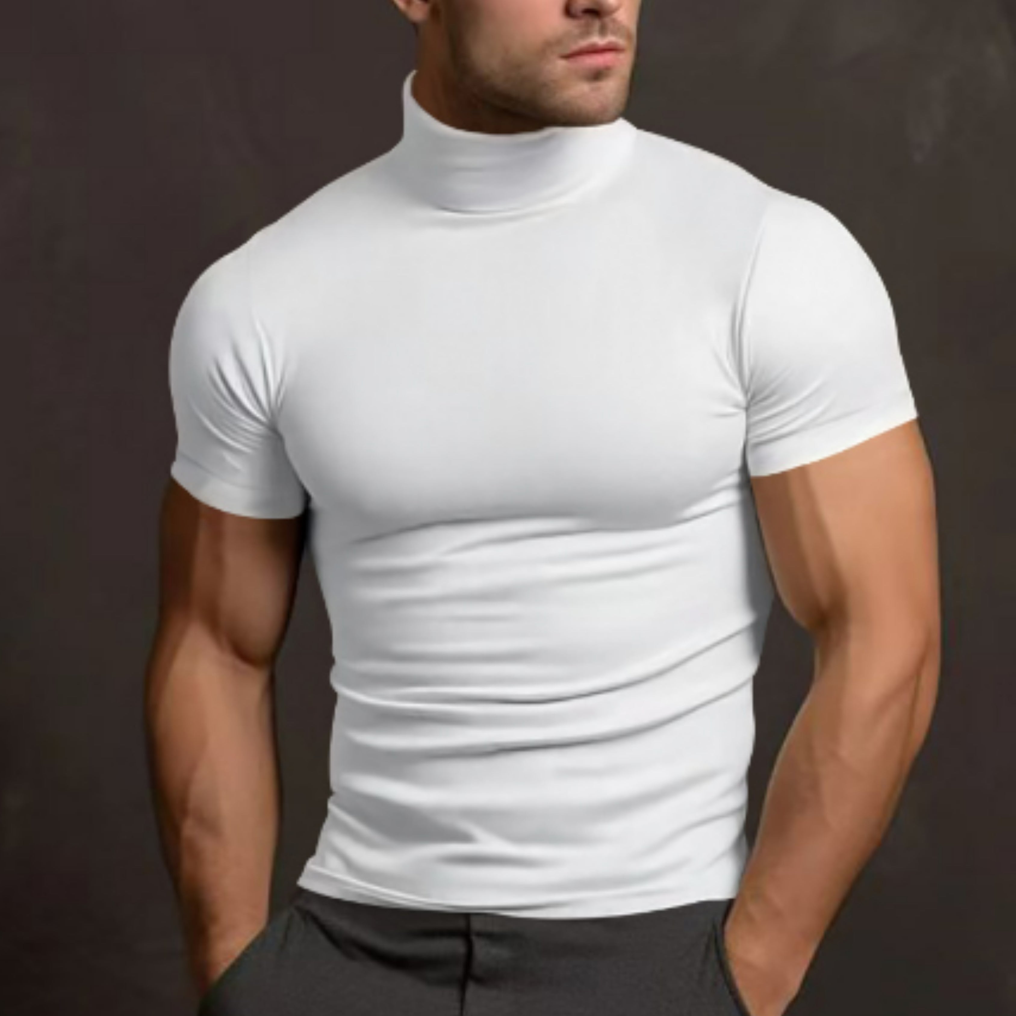 Turtleneck T-Shirt - Men's High Neck Slim Fit Short Sleeve Sweater-Turtleneck T-shirt-Chaps London-White-S-Chaps London