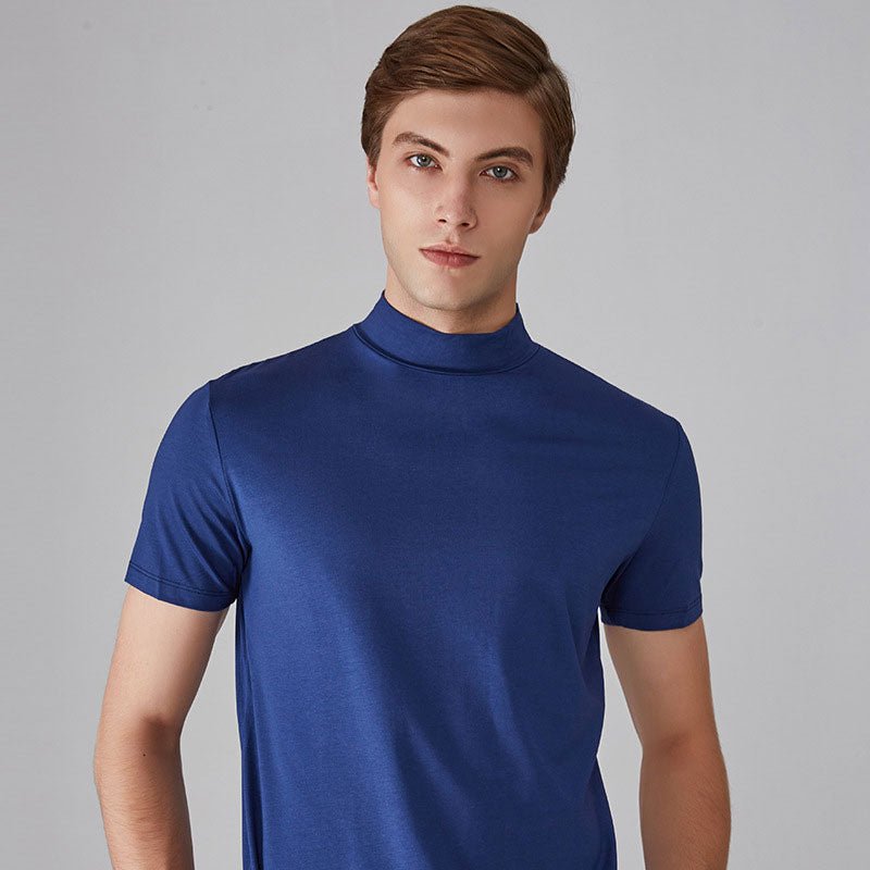 Turtleneck T-Shirt - Short Sleeve - Plain - High Neck Tee Shirts - Men's Clothing-T-shirts-Chaps London-Blue-S-Chaps London