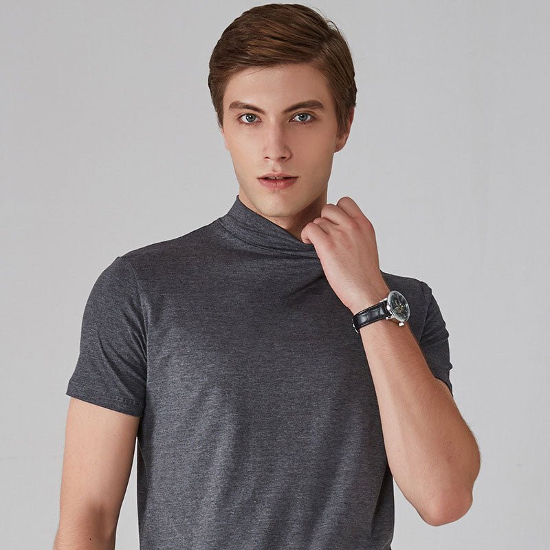 Turtleneck T-Shirt - Short Sleeve - Plain - High Neck Tee Shirts - Men's Clothing-T-shirts-Chaps London-Gray-S-Chaps London