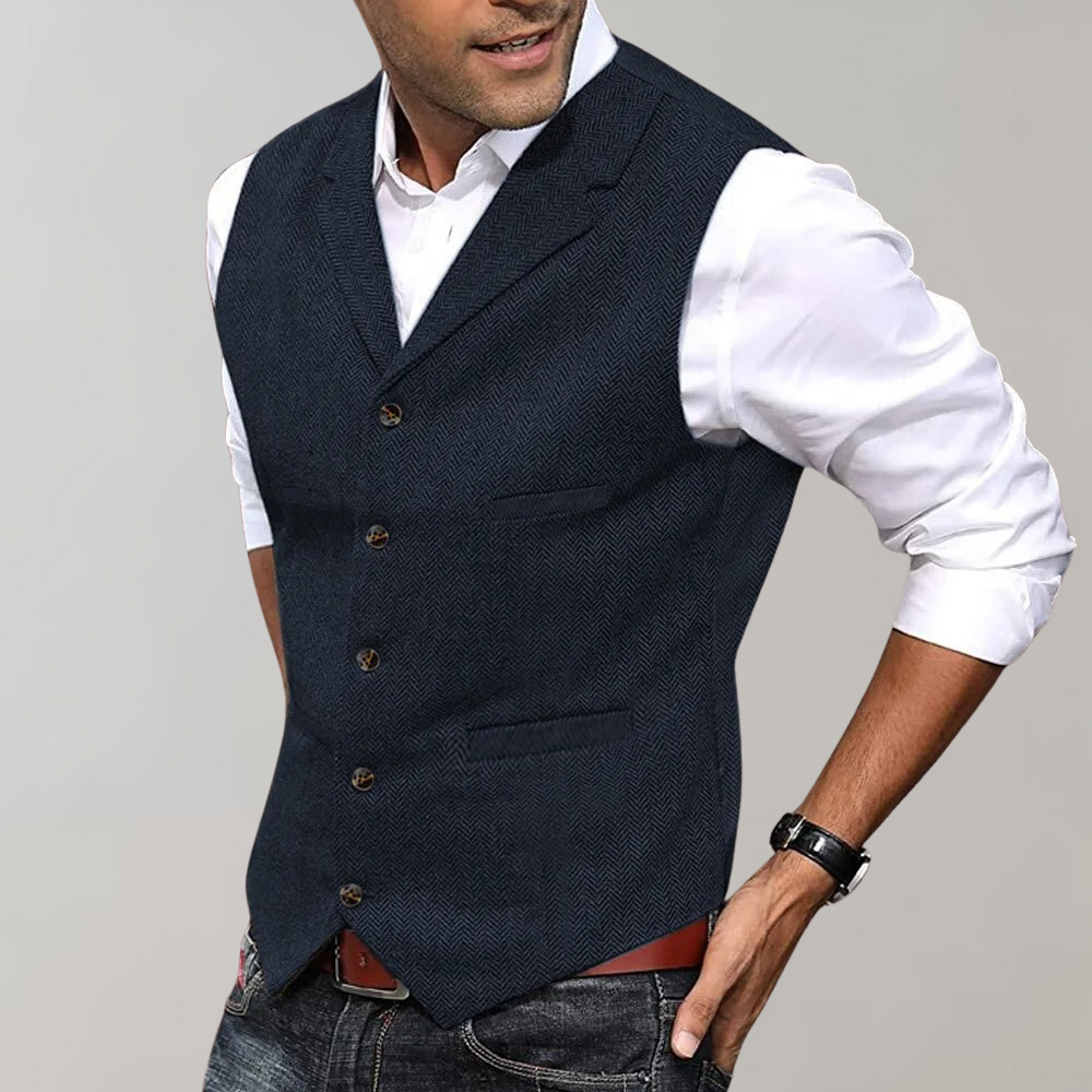 Tweed Gilet - Men's Sleeveless Single Breasted Waistcoat-Men Summer Vest-Chaps London-Navy Blue-XS-Chaps London