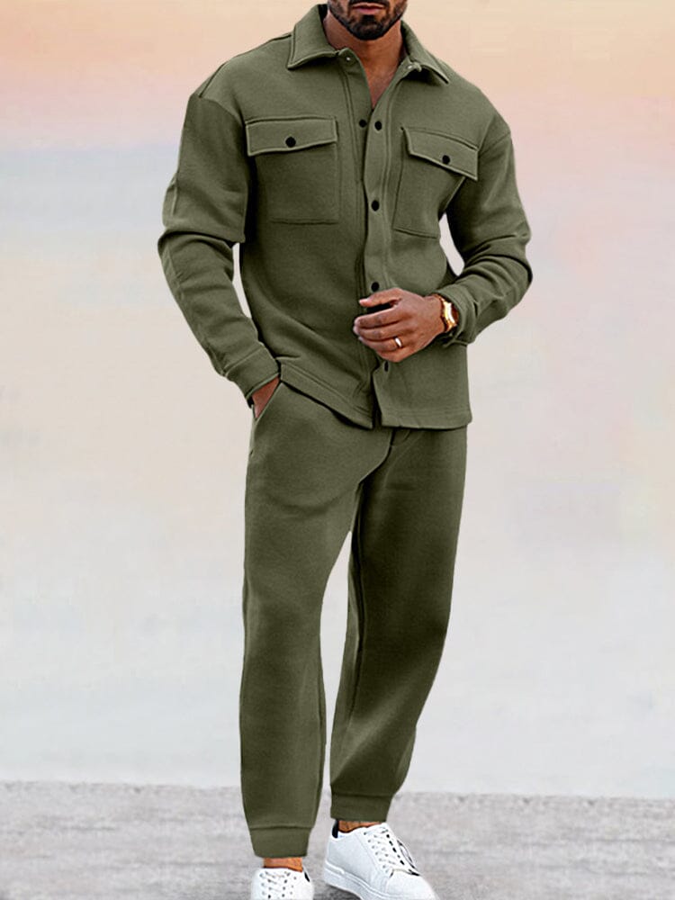Two-Piece Set | Button-Up | Joggers | Co-Ord Set | Men's Clothing-Sets-Chaps London-Army Green-S-Chaps London