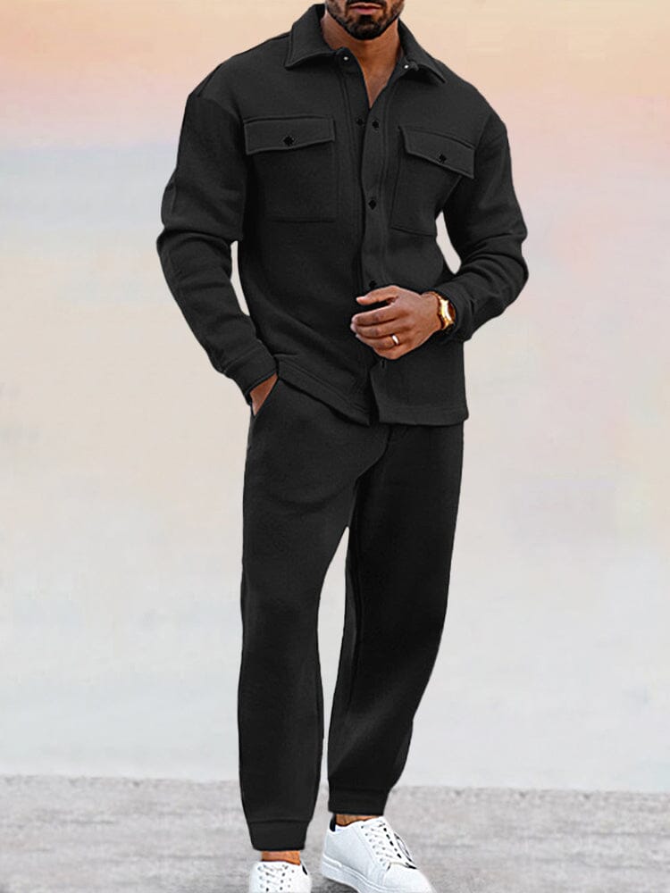 Two-Piece Set | Button-Up | Joggers | Co-Ord Set | Men's Clothing-Sets-Chaps London-Black-S-Chaps London