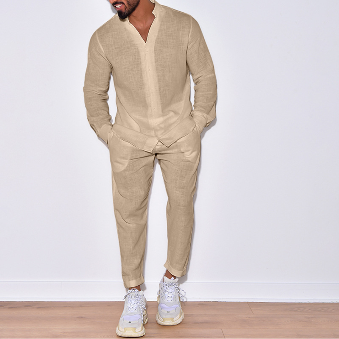 Two-Piece Set | Long Sleeve | Button-Up | Linen Clothes | Men's Co-Ord Set-Casual Set-Chaps London-Beige-S-Chaps London