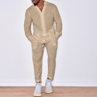 Two-Piece Set | Long Sleeve | Button-Up | Linen Clothes | Men's Co-Ord Set-Casual Set-Chaps London-Beige-S-Chaps London