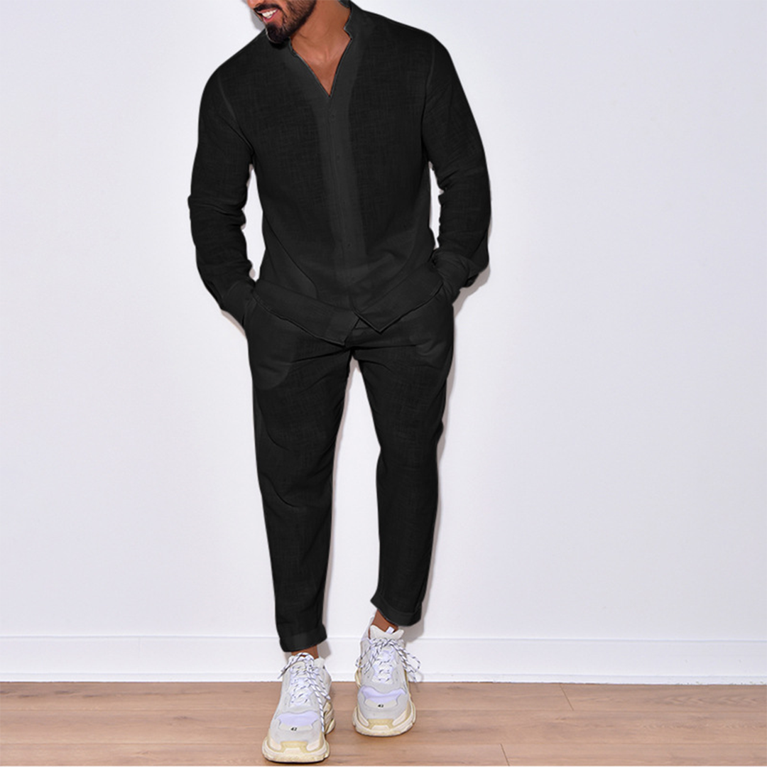 Two-Piece Set | Long Sleeve | Button-Up | Linen Clothes | Men's Co-Ord Set-Casual Set-Chaps London-Black-S-Chaps London