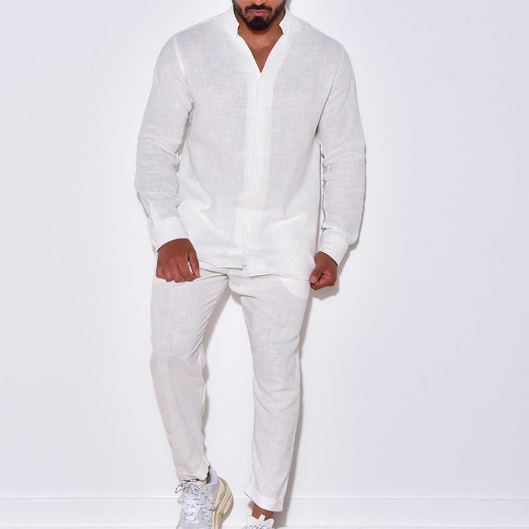 Two-Piece Set | Long Sleeve | Button-Up | Linen Clothes | Men's Co-Ord Set-Casual Set-Chaps London-White-S-Chaps London