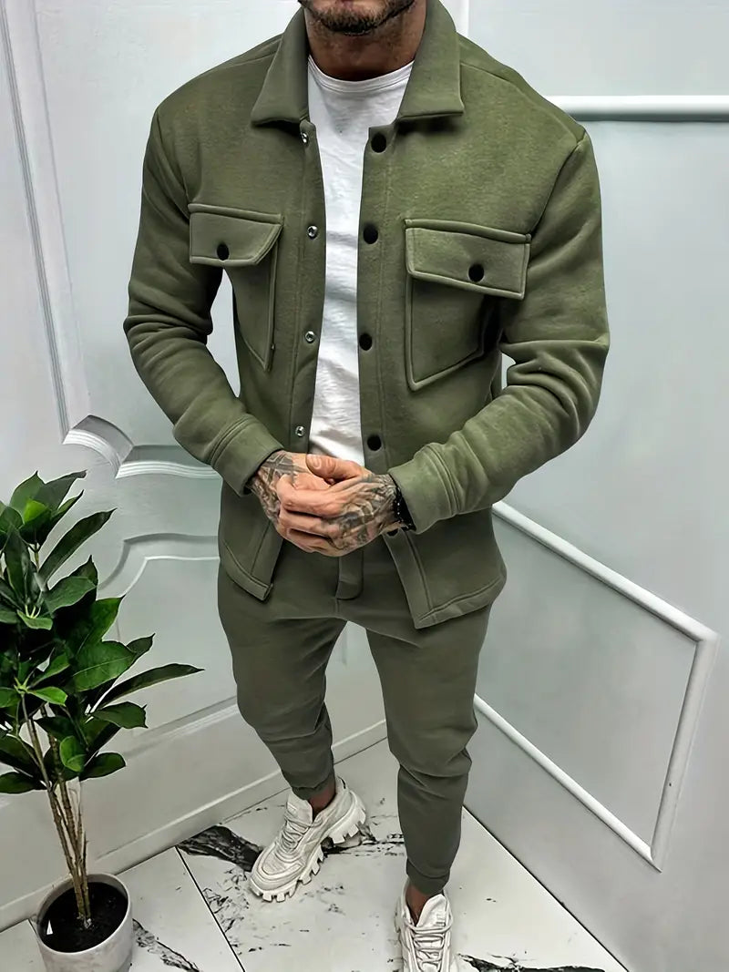 Two-Piece Set - Long Sleeve - Overshirt - Co-Ord Set - Men's Clothing-Outfit Sets-Chaps London-Army Green-S-Chaps London