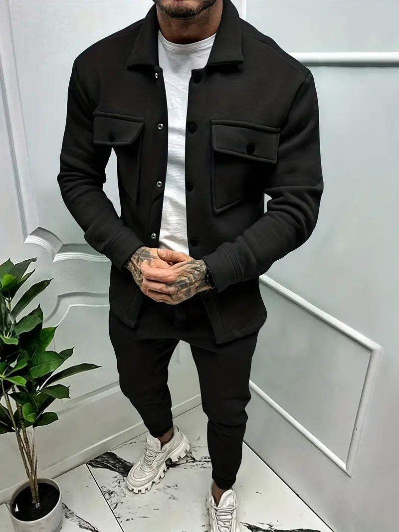 Two-Piece Set - Long Sleeve - Overshirt - Co-Ord Set - Men's Clothing-Outfit Sets-Chaps London-Black-S-Chaps London