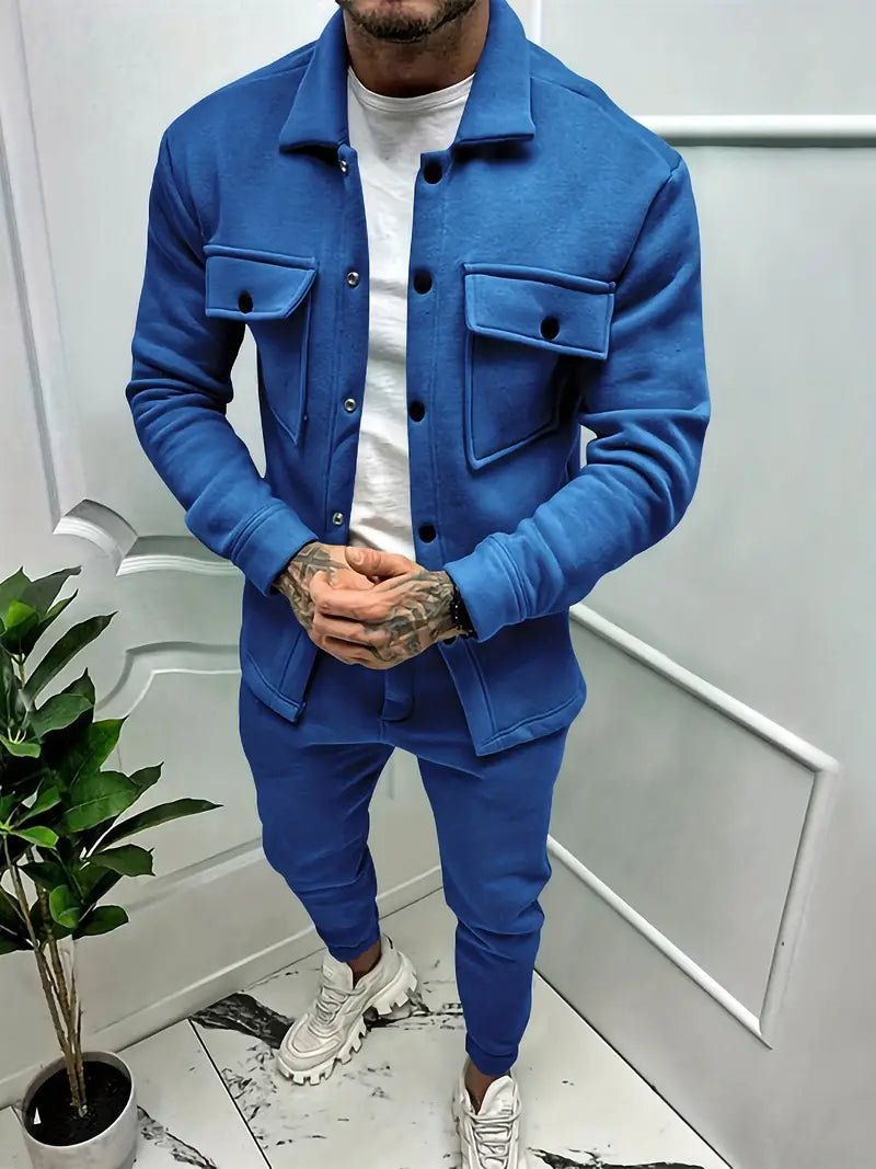 Two-Piece Set - Long Sleeve - Overshirt - Co-Ord Set - Men's Clothing-Outfit Sets-Chaps London-Blue-S-Chaps London