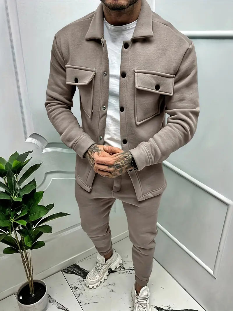Two-Piece Set - Long Sleeve - Overshirt - Co-Ord Set - Men's Clothing-Outfit Sets-Chaps London-Khaki-S-Chaps London